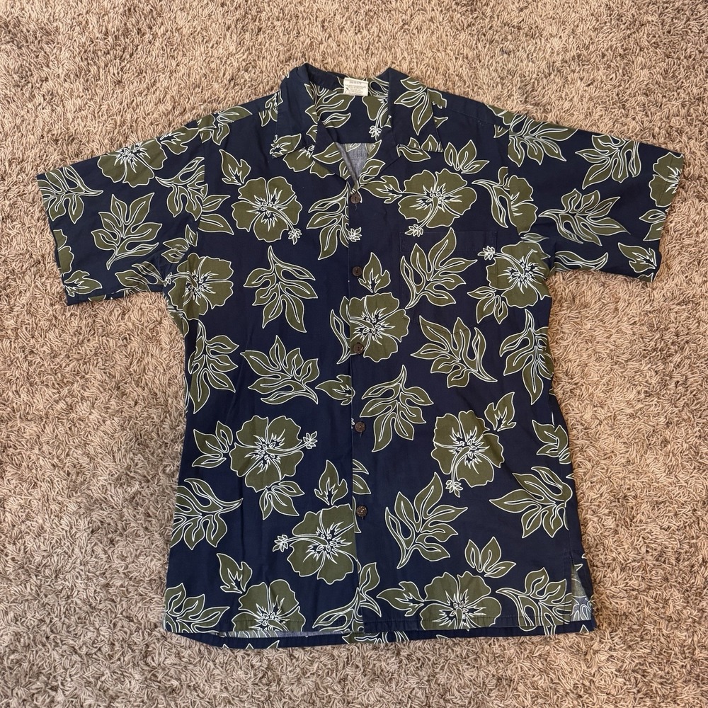 Go Barefoot Hawaiian Shirt Full Button‎ Up Blue And Green Floral Size Large Tall
